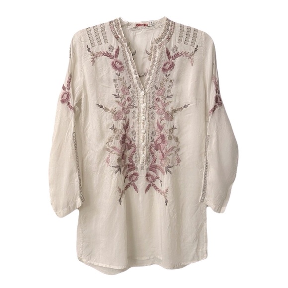 Johnny Was Womens Size Small Floral Embroidered Boho Clio Tunic in Shell Beige - Picture 3 of 11